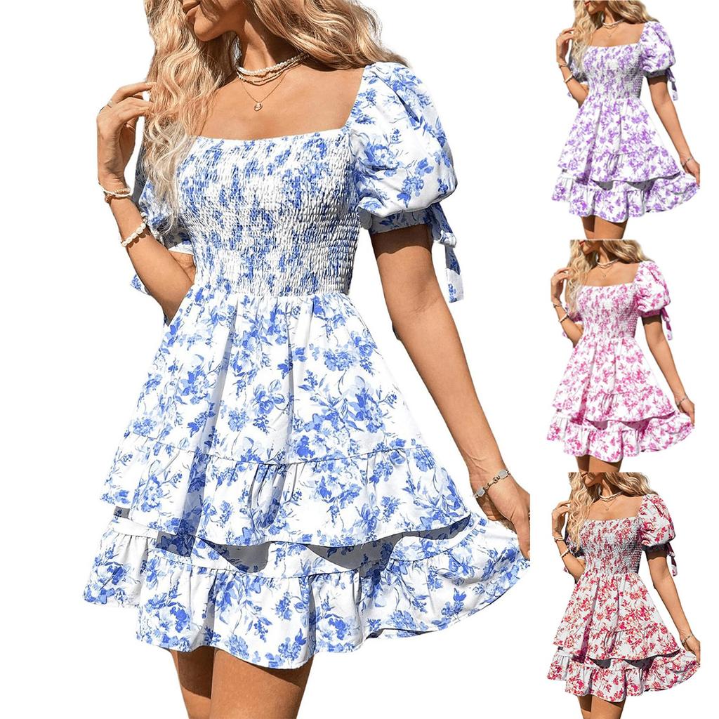 Women's Fashionable Floral Print Square Neck Pleated Short Sleeved Vacation Casual Dress