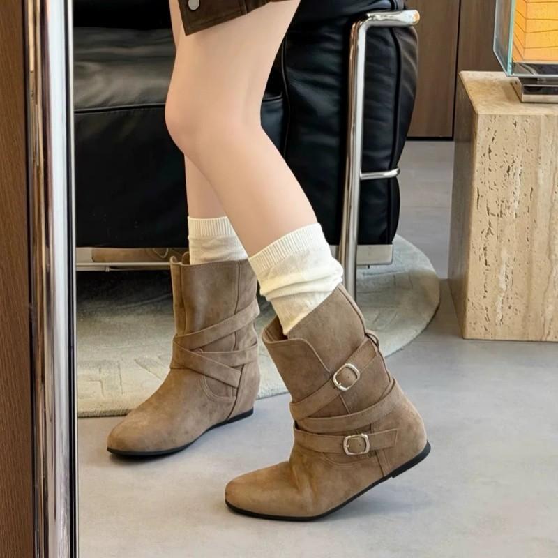 Inner heightening retro buckle stacking boots autumn and winter new matte short boots versatile fashion boots brown