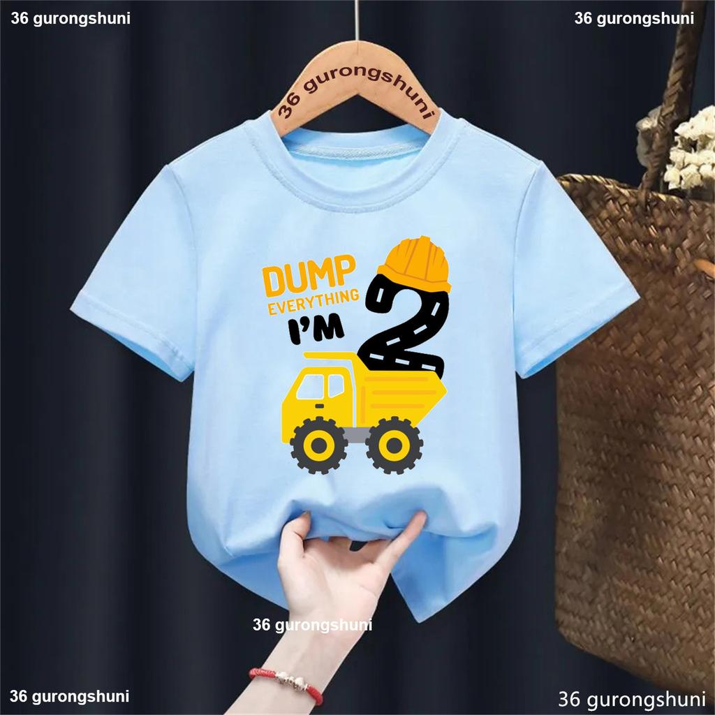 Birthday Gift Famer Tractor Fire Truck Aircraft Printed T Shirt Boys Kawaii Kids Clothes White/Blue/Yellow T-Shirt