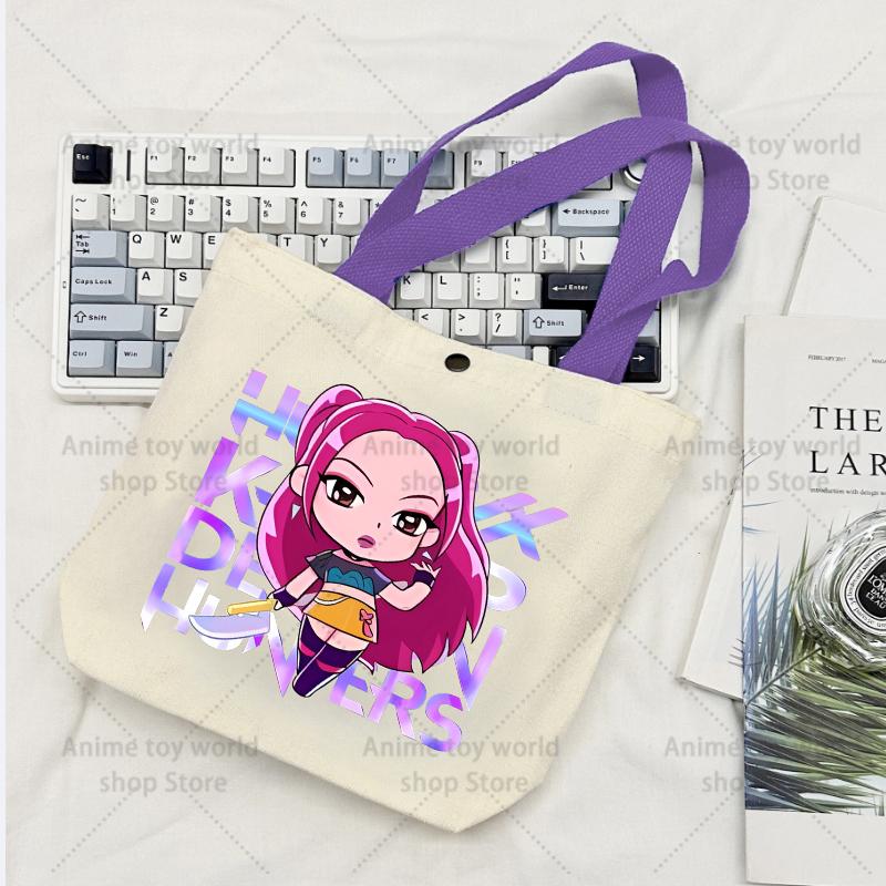 KPop Demon Hunters GIRLS Canvas Shopping Bags Women Cotton Tote Bags Reusable Cartoon Letter Shoulder Bag Grocery Handbag Beige