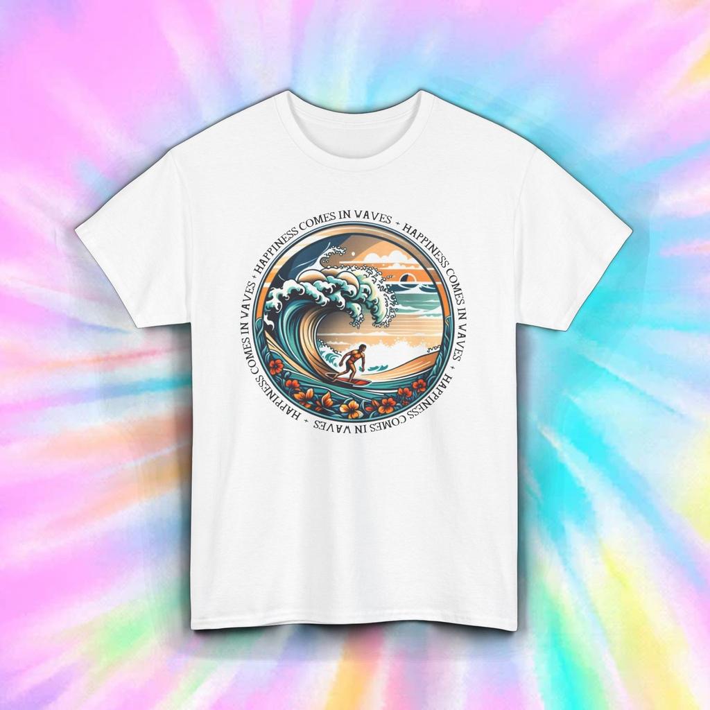 Happiness Comes In Waves Shirt Retro Surf Ocean Beach Wave Summer Tee S-5XL