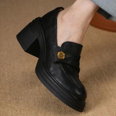 Черные туфли-лодочки на высокой платформе, женские осенние лоферы, модные туфли на толстом каблуке, маленькие кожаные туфли для женщин