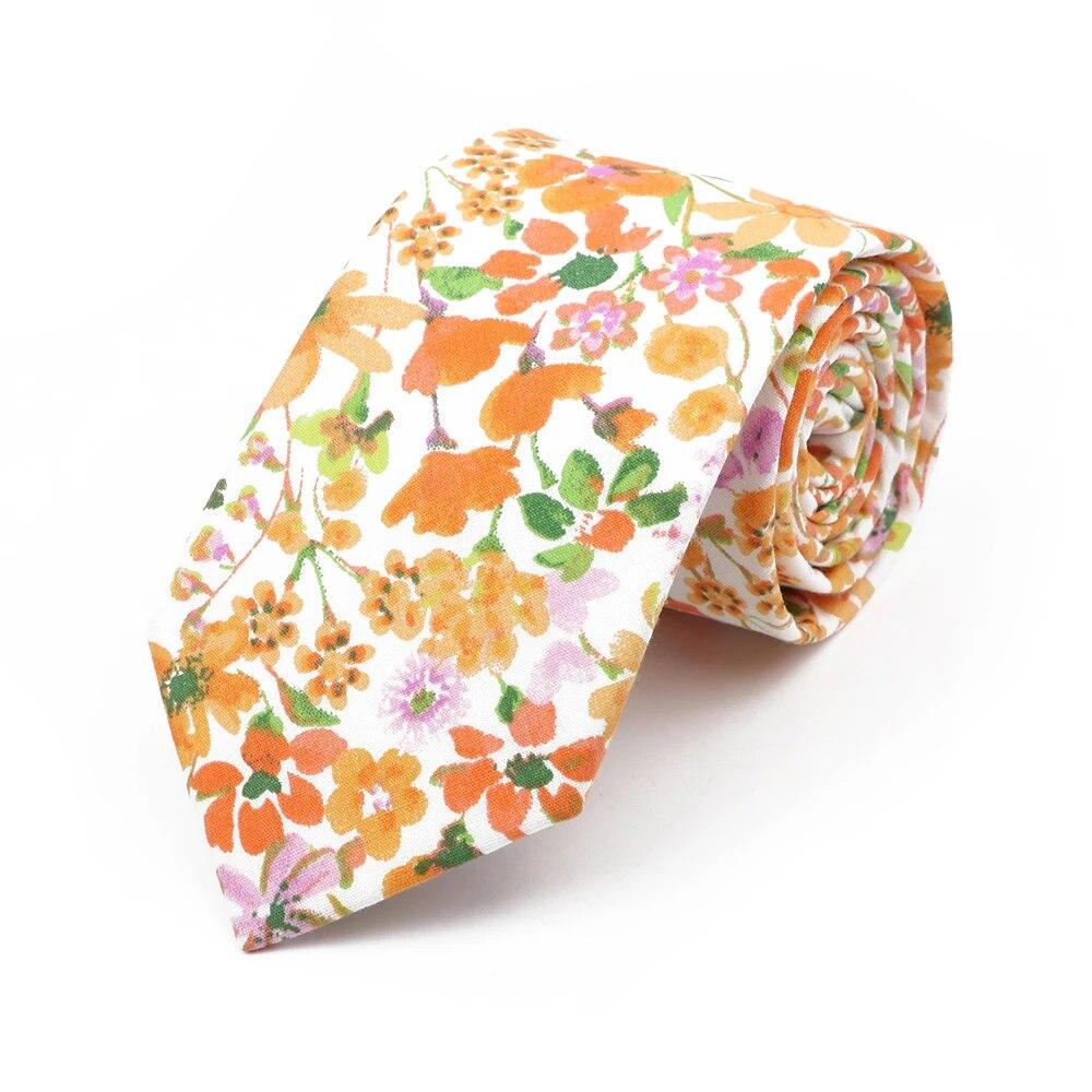 Floral Tie, For Men Women, 100% Cotton, Elegant Flower Necktie, White, Blue, Narrow Skinny, Wedding, Party