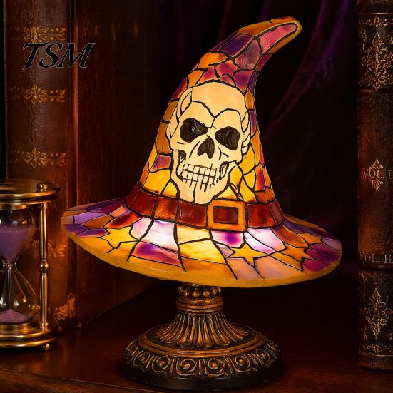 Gothic Home Decor Stained Glass Halloween Pumpkin Table Lamp, USB Powered Resin Night Light with Warm Glow, Desktop Decorative Ornament for