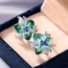 Green Blue Flower Earrings Women Inlay Sparkling Cubic Zirconia Fancy Anniversary Gift Newly Designed Flowers Ear Jewelry