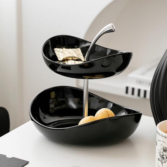 Двухъярусная фруктовница, многоярусная керамическая ваза для фруктов с металлическим подставкой, безопасна для посудомоечной машины, угловой органайзер для кухонной столешницы для фруктов, закусок, тортов