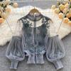 Elegant Floral Mesh Long Sleeve Short Blouse Sweet Women Lantern Sleeve Lace Shirts Ladies See Through Mesh Blouse Tops 25914