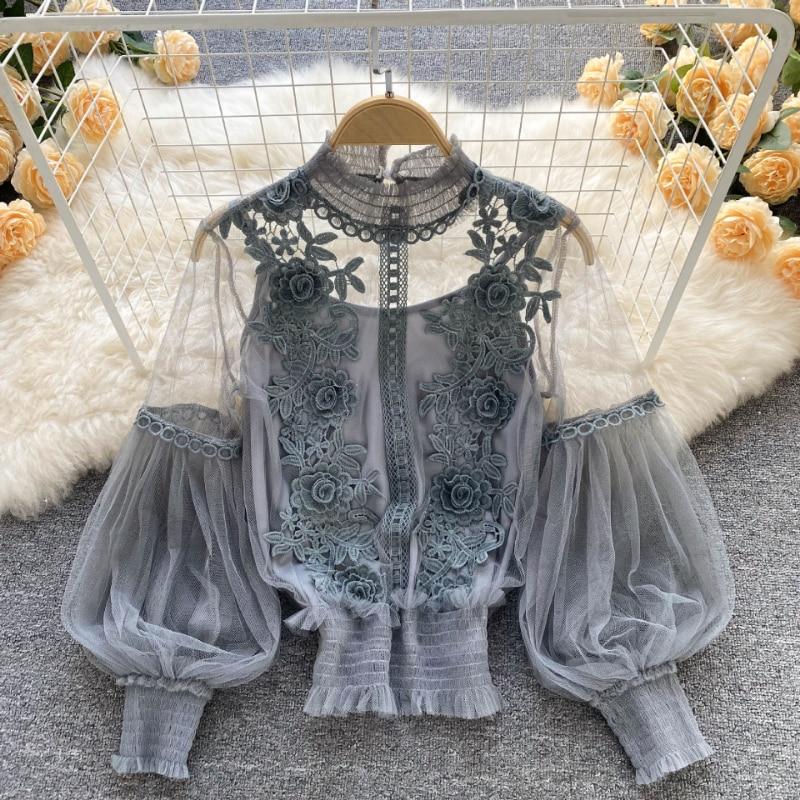 Elegant Floral Mesh Long Sleeve Short Blouse Sweet Women Lantern Sleeve Lace Shirts Ladies See Through Mesh Blouse Tops 25914