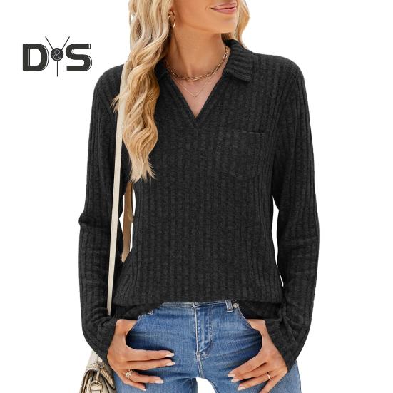 Женский свитер с V-образным вырезом и лацканами, нагрудный карман, длинный рукав, однотонный трикотажный топ, ребристый повседневный свитер