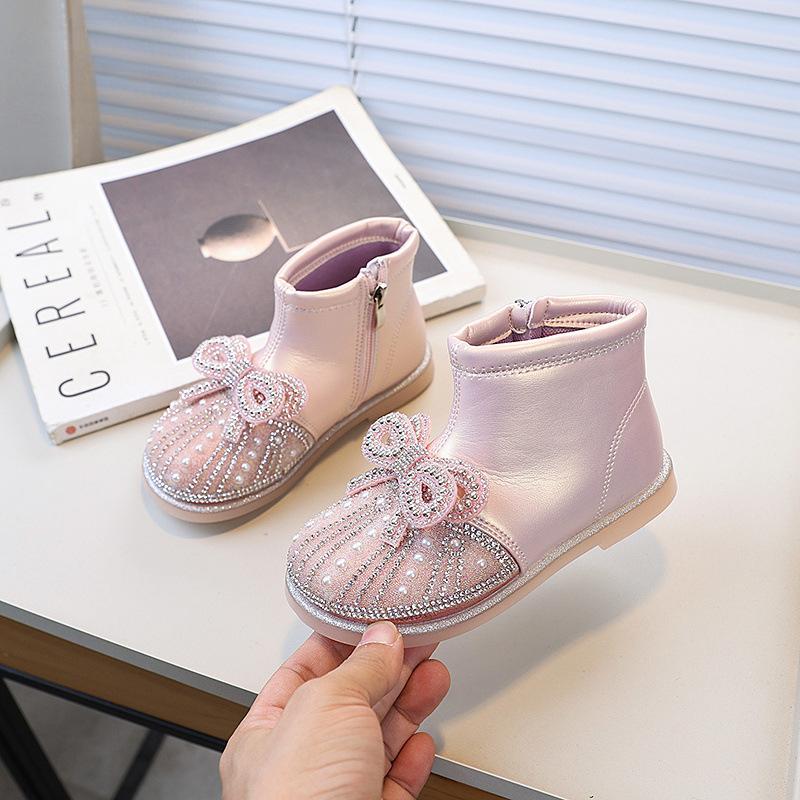 Ботильоны для девочек, милые, шикарные, принцесса, модные, детские, короткие, весна-осень, элегантные, универсальные, детские, кожаные, с боковой молнией