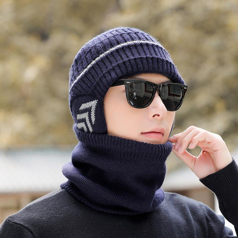 Вязаная шапка и шарф, комплект, мужская зимняя флисовая шерстяная шапка для людей среднего и пожилого возраста, толстая теплая шапка