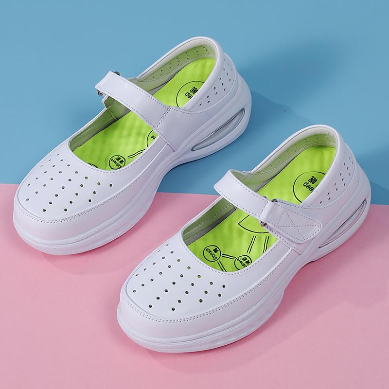 Fashion Leather Air Cushion Nurse Shoes Breathable Women Ladies Thick Soled Shoes Non-Slip White Medical Shoes One-Step Flat