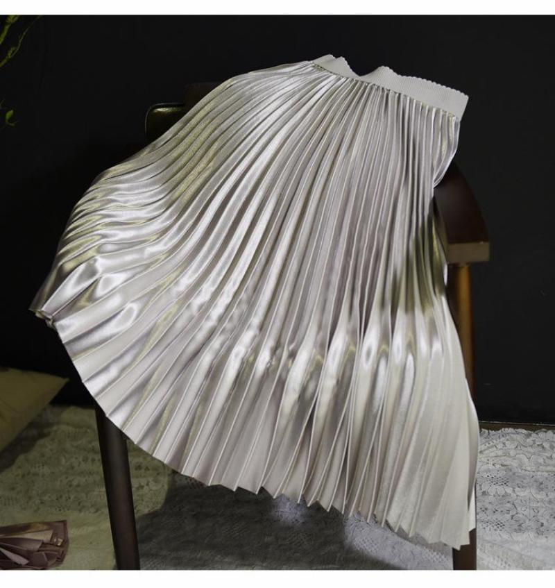 Women 11 Colors Satin Pleated Midi Skirt Elegant Elastic Waist Solid Color A-line Skirt