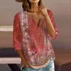 Женская рубашка-henley из хлопка и льна с цветочным принтом, на пуговицах, с рукавами три четверти, повседневная свободная блузка