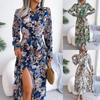 Women Spring Summer Retro Floral Collar Long Sleeve Tie Up Shirt Dress