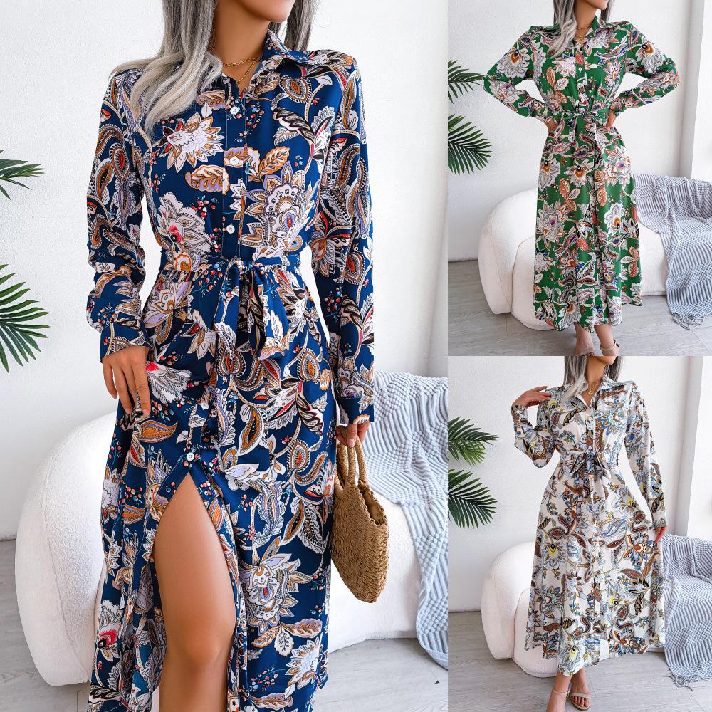 Women Spring Summer Retro Floral Collar Long Sleeve Tie Up Shirt Dress