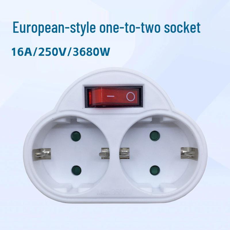 German-Style Euro Plug Socket with Switch: 2-Pin to 1-in-2 Power Converter