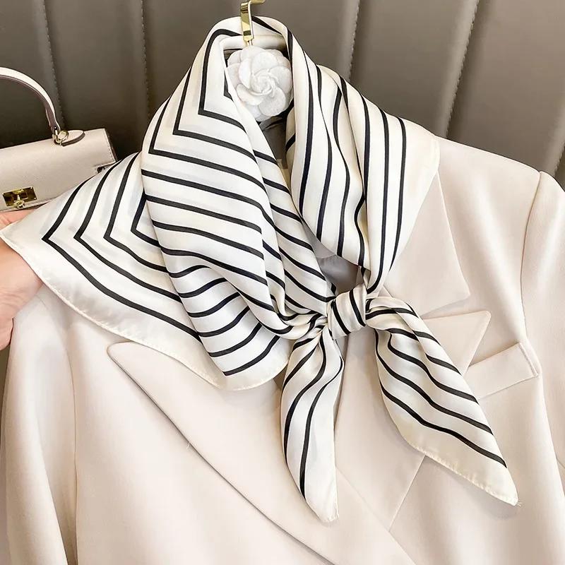Luxury Stripe Print Silk Square Scarf Women Floral Soft Satin Hairband Kerchief Neckerchief Hijab Headband Foulard Bag Ribbons