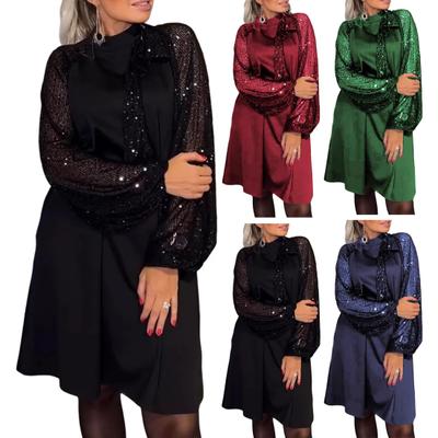 Женское вечернее платье со шнуровкой на бретелях, с пайетками, в стиле пэчворк, с длинными рукавами-фонариками, с круглым вырезом, весна