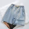Men Denim Shorts Elastic Waist Drawstring Straight Wide Leg Summer Shorts Solid Color
