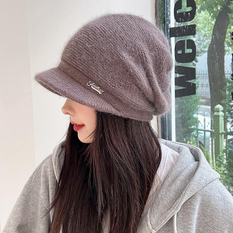 Rabbit Fur Blended Stacking Hat Women's Autumn and Winter Big Head Circumference Warm Wool Hat Versatile Bag Head Duck Tongue Knitted Hat