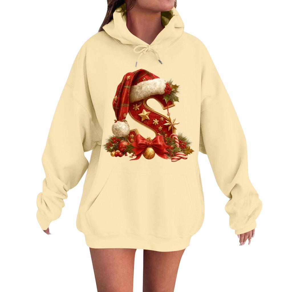 Women's Casual Comfortable Long-Sleeved Christmas Letter-Printed Warm Hooded Crew-Neck Sweatshirt