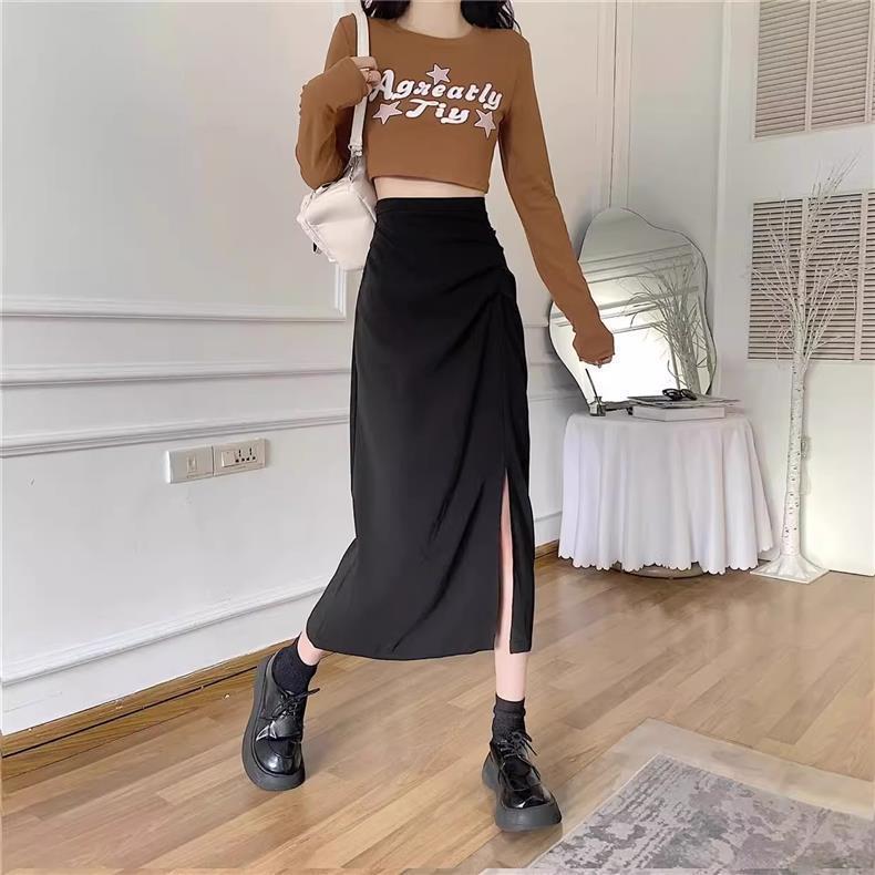 2024 High Waist Slit Mid-length A-line Korean Style Skirt