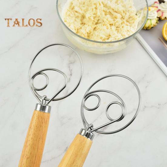 Danish Dough Whisk with Oak Handle Stainless Steel Flour Mixer Eggs Cream Mixing Rods Flour Cake Stirrer Kitchen Baking