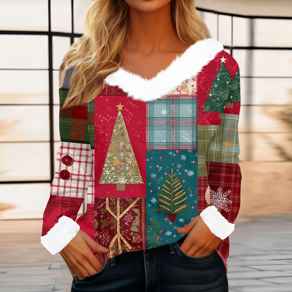 Женский повседневный модный топ с длинным рукавом и фланелевым воротником с рождественским принтом