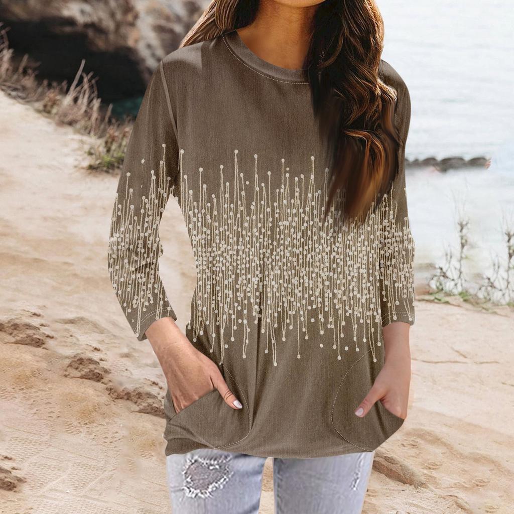 Женская модная повседневная футболка с карманом и круглым вырезом с рукавами 3/4 и топом