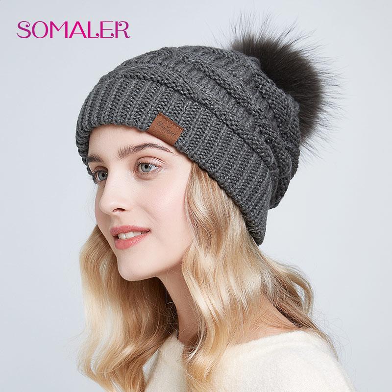 SOMALER Шапки с помпоном из натурального меха енота для женщин, зимние теплые вязаные шапочки с напуском, женская мешковатая лыжная кепка