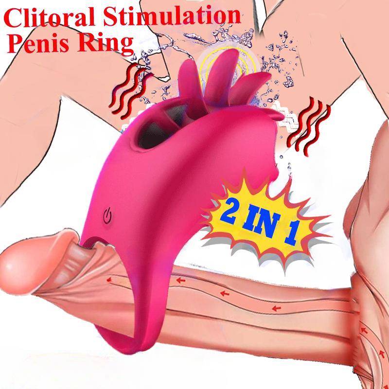 New Vibrator Rotation Tongue Licking Vibrating Penis Ring G-spot Massager for Vagina Clitoris Stimulate for Couples Sex Toys