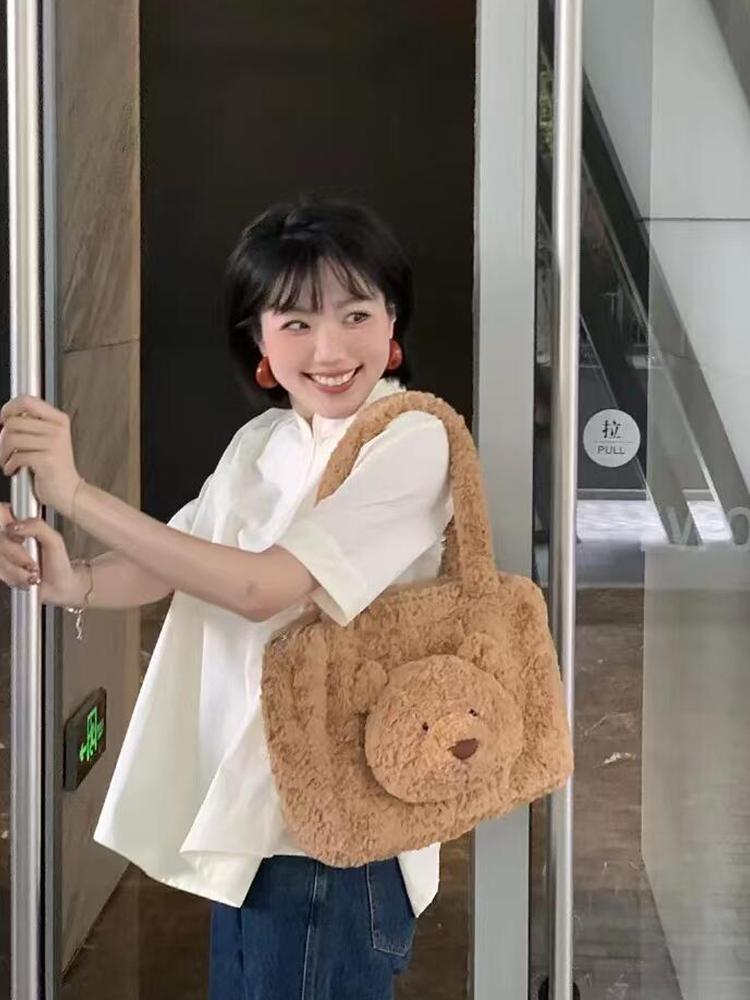 Autumn Winter Plush Bear Shoulder Bag Women Large Capacity Portable Laptop Tote Trendy Fashion Handbag