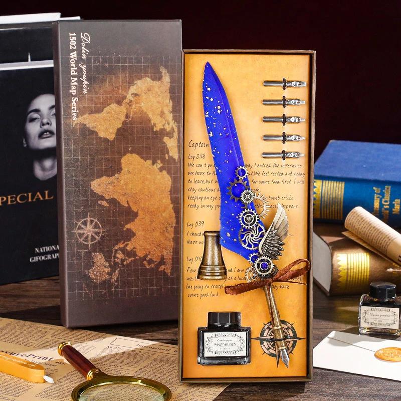 Luxury Fountain Pen Set Vintage Sprinkling Gold Feather Pens Ink Bottle Calligraphy Writing Dip Pen-s Birthday Gift 5 Nib Quill