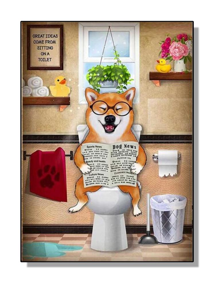 Animals Sitting On the Toilet Reading a Newspaper Prints Funny Bathroom Wall Decor Pictures Corgi Dog Rabbit WC Wall Poster