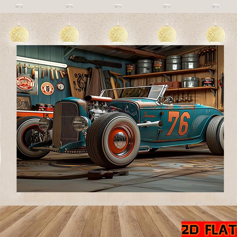 2D plane, 1 piece of retro modified car garage backdrop fabric, suitable for cars and birthday parties