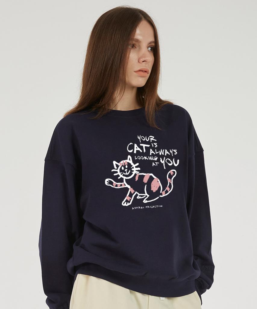 ASTRAL PROJECTION Doodle Cat Oversized Drop Shoulder Sweatshirt_Navy