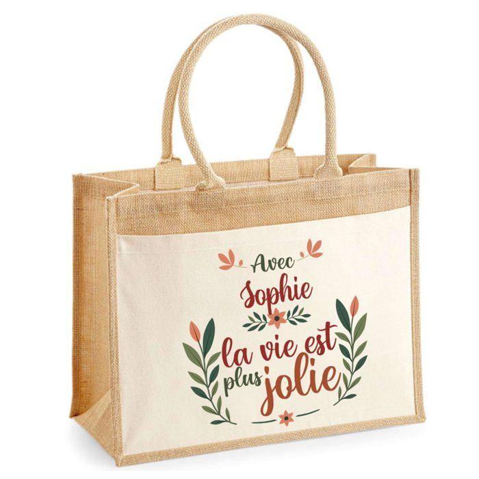Sac cabas - PLANETEE - jute avec poche Sophie la vie est plus jolie - Jute naturel - 43 x 33 cm - Anses solides