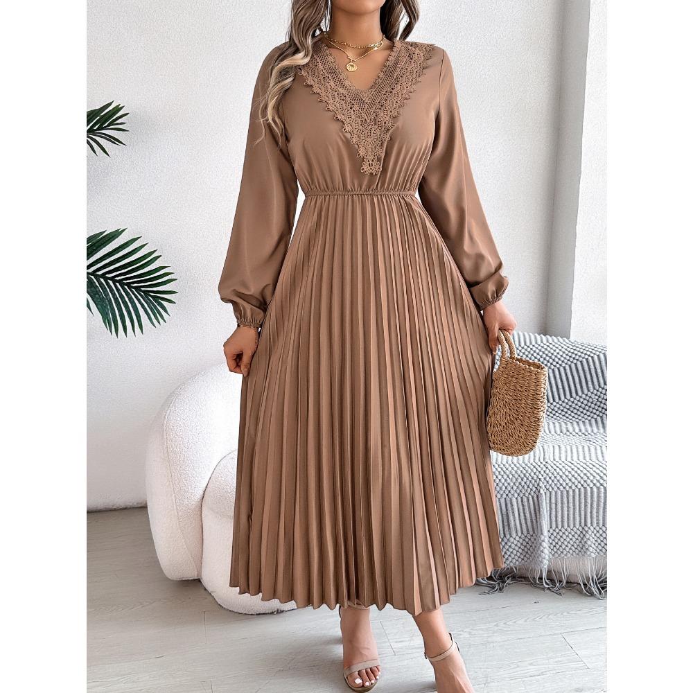 Spring and Summer Elegant Temperament V-neck Lace Waisted Pleated Long Women's Dresses Long Skirts