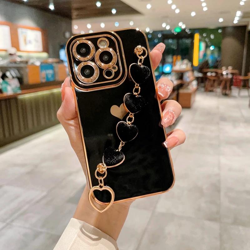 Роскошный Мягкий Браслет Сердце Чехол для Телефона Для Для Iphone 11 12 13 14 15 16 Pro Max XS X XR Max Plus ворс Бампер Чехол