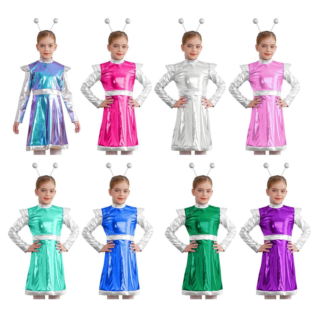 Костюм для косплея пришельцев для маленьких девочек, костюм милашки из космоса, металлическое платье с обручем для волос, наряд астронавта на Хэллоуин