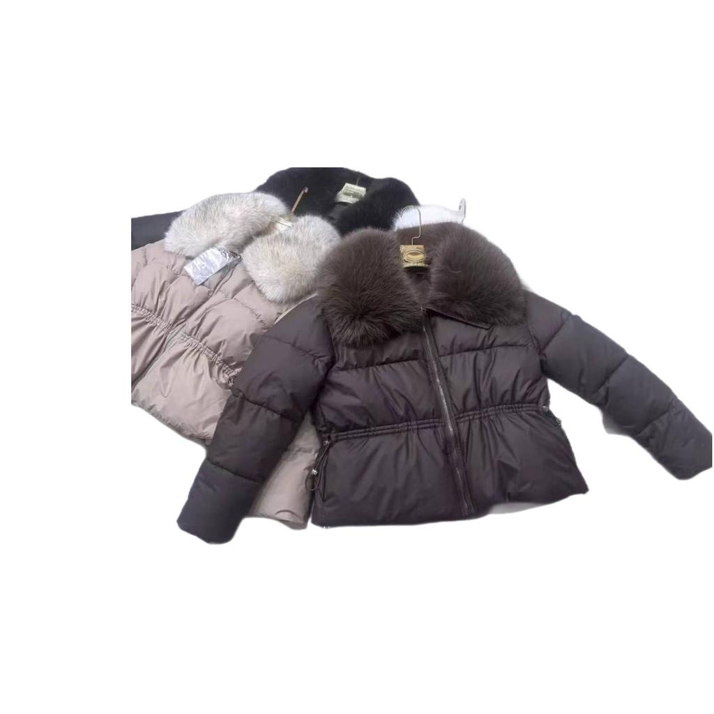 Black short waist padded clothes, women's large fur collar lapel padded jacket, horizontal grid quilting, plush filling, thick and thin, winter pass