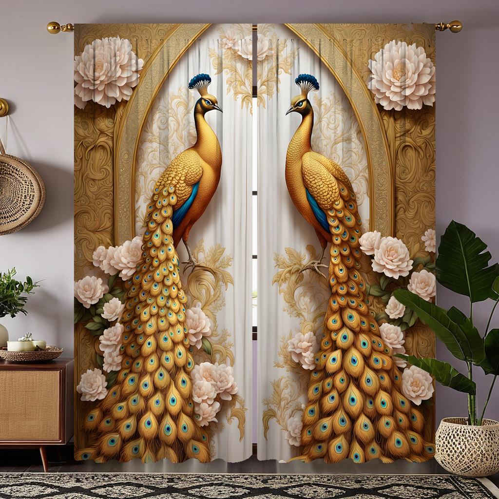 Двухсекционная цифровая желтая занавеска HD с изображением цветка пиона и павлина, стиль украшения дома, украшение гостиной, спальни, штанга для одежды