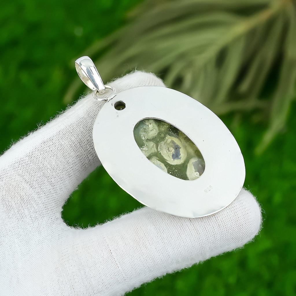 Овальный камень Яшма Тропического леса Перидот Жена Безель Подвеска Ювелирные изделия Стерлинговое серебро