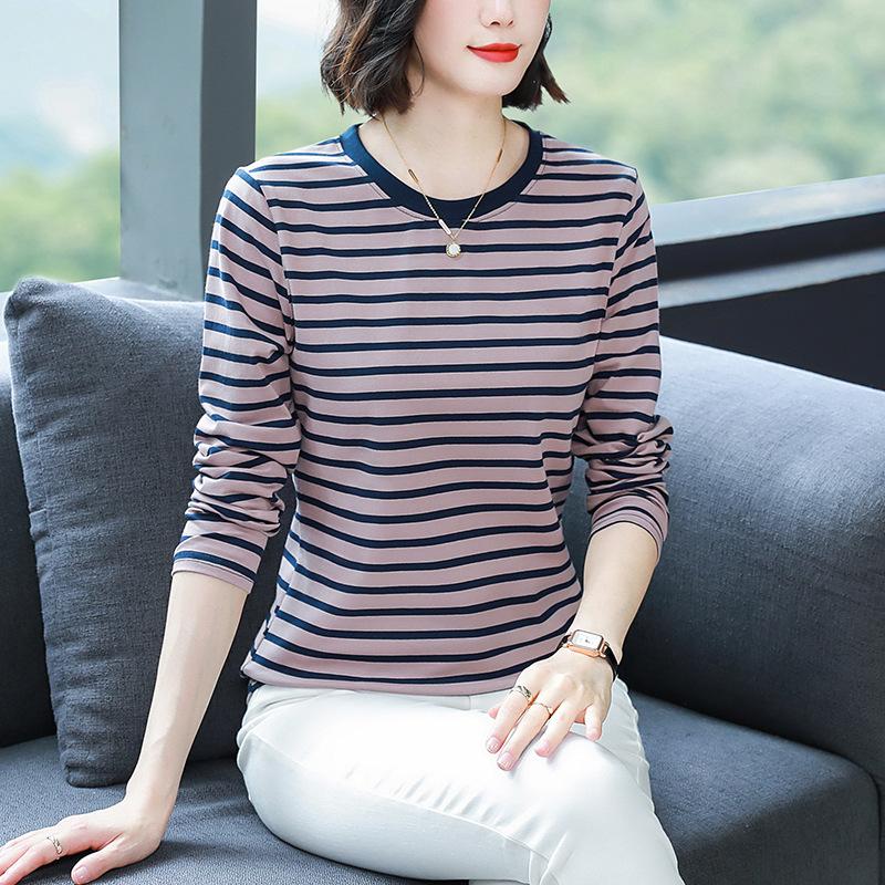 Large Size Loose Cotton Long Sleeve T-shirt Women's Middle-aged and Elderly Clothes Autumn Clothes Striped Base Layer Shirts