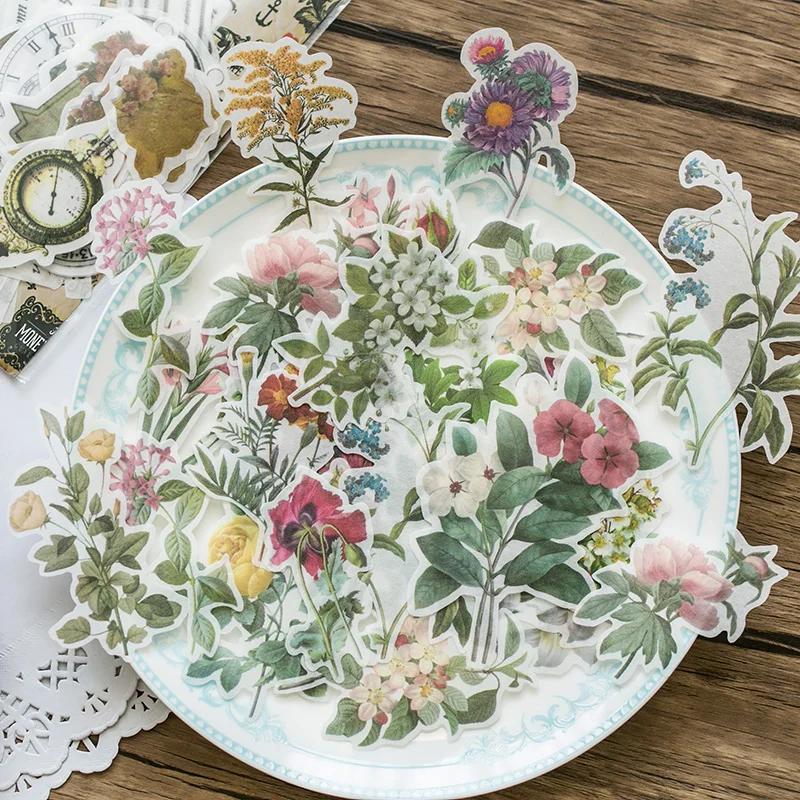 60pcs Vintage Stickers Decor Journaling Stationery Washi Paper Retro Flowers Leaves Plants Deco Stickers