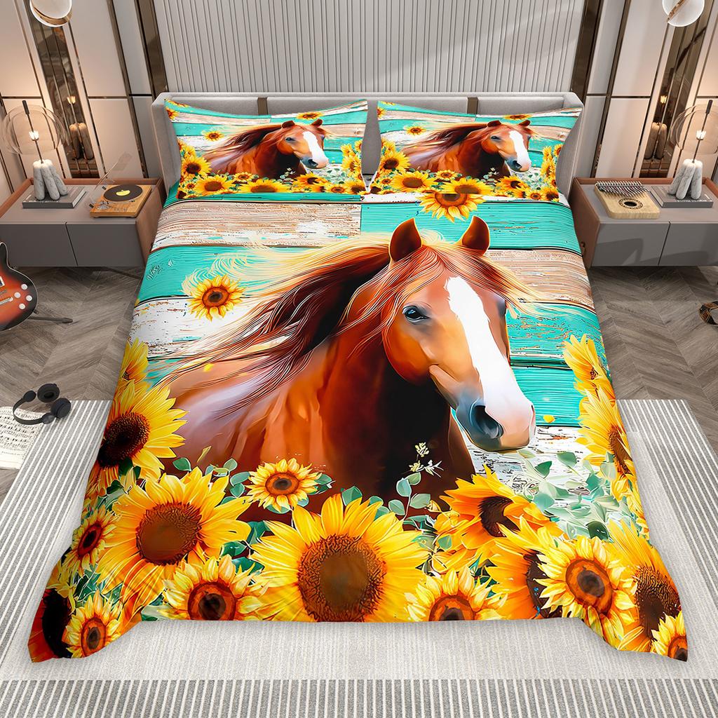 Homewish Galloping Horse Duvet Cover Set 2pcs/3pcs, Farmhouse Animal Bedding Set, Rustic Lodge Cabin Comforter Cover Set