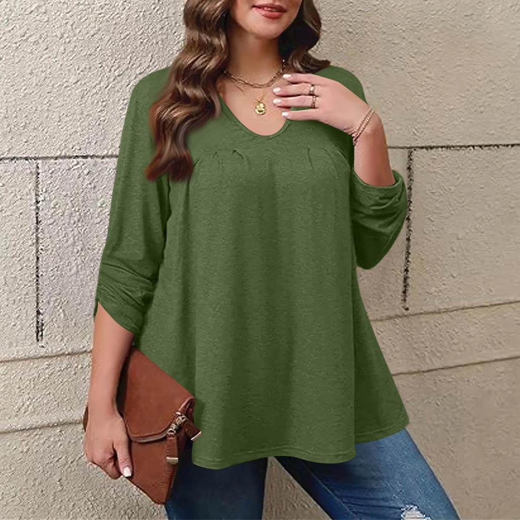 Women's Plus Size Fashion Solid Colour Casual Pleated Round Neck Long Sleeve Top