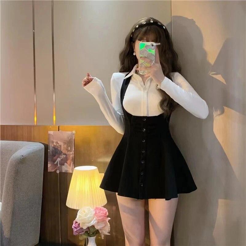 Весенний модный сексуальный комплект, новое платье с подвесным воротником, топ с длинными рукавами, высокая талия, темпераментная короткая юбка в студенческом стиле