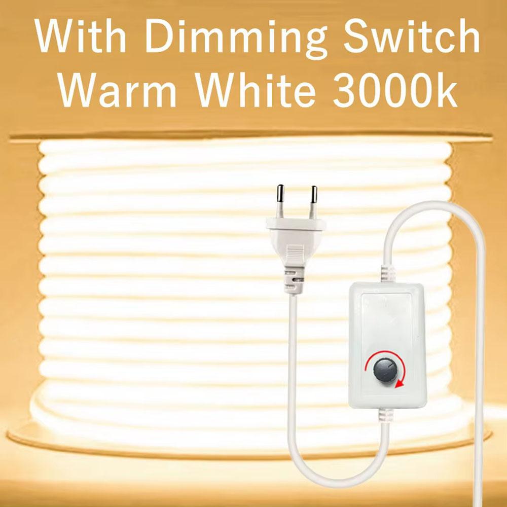 220V Led Strip Waterproof Lens COB Flexible Ribbon With Switch/Dimmable EU Plug For Room Bedroom Kitchen Outdoor Garden Lighting